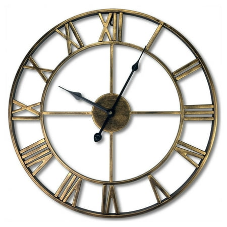 DESTYER GARDEN WALL CLOCK BIG ROMAN NUMERALS OPEN FACE METAL 40CM ROUND gold