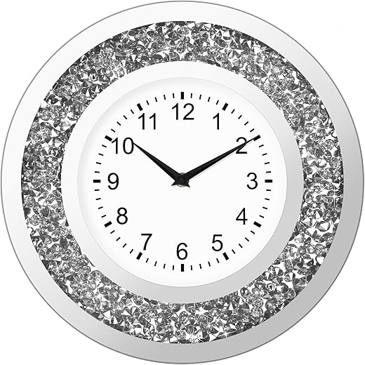 Diamond Mirrored Round Large Wall Clocks for Living Room Decor, Silver Crystal Sparkle Twinkle Bling Diamond Glass Wall Clock Decorative for Bedrooms Home Office (14 Inch)