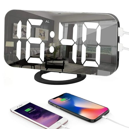 Digital Alarm Clock，6.6 Large Mirrored LED Clock Modern Mirror Desk Wall Clock with Dual USB Charger Ports Home Desk Alarm Clock (Black)