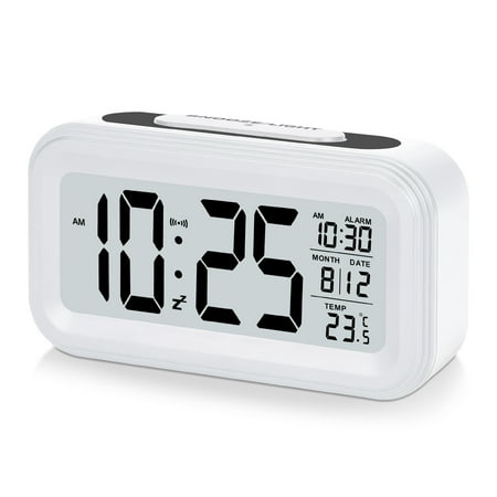 Digital Alarm Clock, Alarm Clock Large Numbers Display Battery Operated w/Night Light 12/24H for Kids Bedroom Home Office, Desk Digital Clocks with Date/Day, Temperature & Brightness Sensor, White