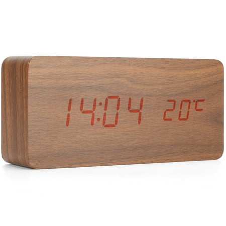 Digital Alarm Clock Bedside LED Smart Electronic Sound Control Wood Grain USB Office Decoration