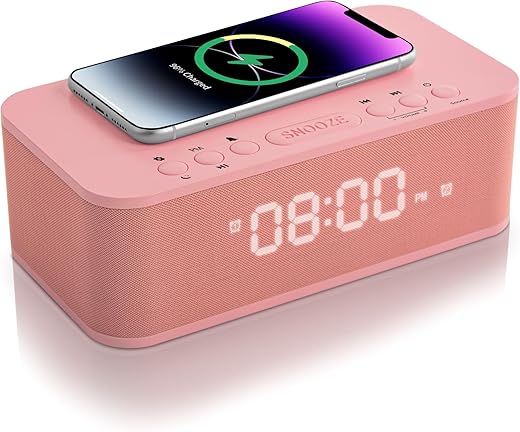 Digital Alarm Clock Bluetooth Speaker, Wireless Charging Alarm Clock Bedroom, Digital Dual Alarm Clock Bedroom USB Charging Port Snooze Sleep Timer 12 24H Dimmer Easy to Set Heavy Sleepers Pink