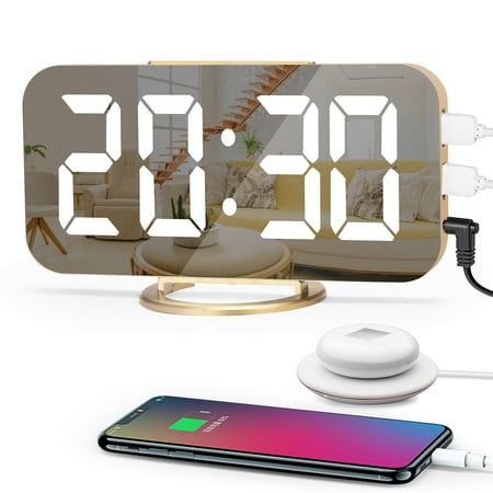 Digital Alarm Clock, Digital Clock Large Display Number, LED Electric Alarm Clocks Mirror Surface for Makeup with Diming Mode, 3 Levels Brightness, Dual USB Ports Modern Decoration for Bedroom, Gold