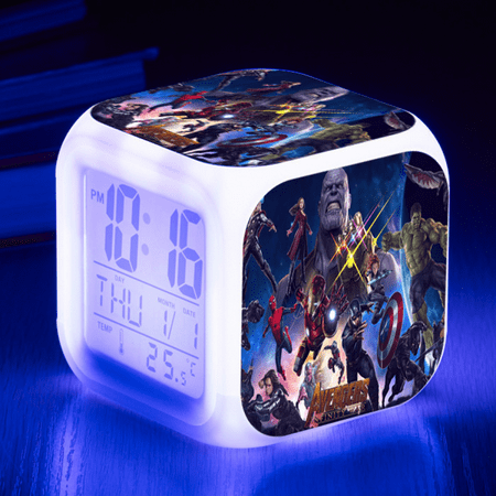 Digital Alarm Clock for Kids, Cartoon Avengers Pattern 7 LED Color Changing Wake Up Clock with Thermometer Function and Night Light, Gift for Boys Girls A93-955