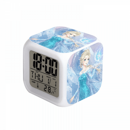 Digital Alarm Clock for Kids, Cartoon Frozen Pattern 7 LED Color Changing Wake Up Clock with Thermometer Function and Night Light, Gift for Boys Girls A93-582