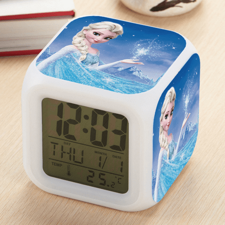 Digital Alarm Clock for Kids, Cartoon Frozen Pattern 7 LED Color Changing Wake Up Clock with Thermometer Function and Night Light, Gift for Boys Girls A93-549