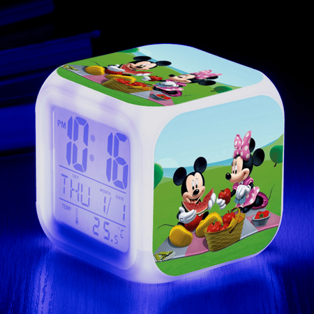 Digital Alarm Clock for Kids, Cartoon Mickey Mouse Pattern 7 LED Color Changing Wake Up Clock with Thermometer Function and Night Light, Gift for Boys Girls A93-1482