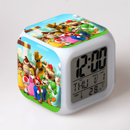 Digital Alarm Clock for Kids, Cartoon Super Mario Pattern 7 LED Color Changing Wake Up Clock with Thermometer Function and Night Light, Gift for Boys Girls A93-689