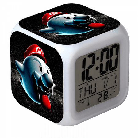 Digital Alarm Clock for Kids, Cartoon Super Mario Pattern 7 LED Color Changing Wake Up Clock with Thermometer Function and Night Light, Gift for Boys Girls A93-805