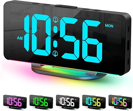 Digital Alarm Clock, Large LED Digital Clock for Bedrooms with 10 Color Changing Night Light, Adjustable Brightness, USB Charging Port, Bedside and Desk Clock for Living Room Office Decor (Black)