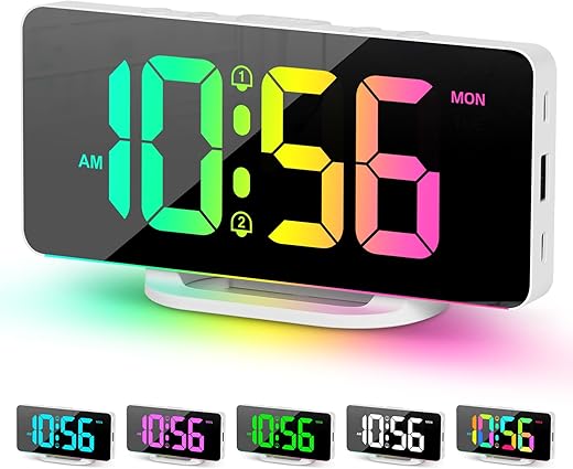 Digital Alarm Clock, Large LED Digital Clock for Bedrooms with 10 Color Changing Night Light, Adjustable Brightness, USB Charging Port, Bedside and Desk Clock for Living Room Office Decor (White)