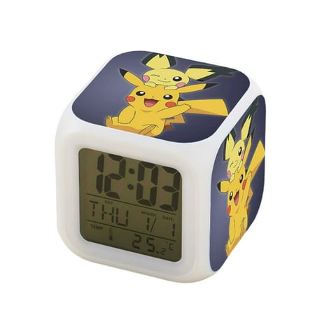 Digital Alarm Clock , Led Digital Bedroom Alarm Clock Easy Setting Cube Wake Up Clocks With 4 Sided Pikachu Pattern Soft Night Light Large Display Asc