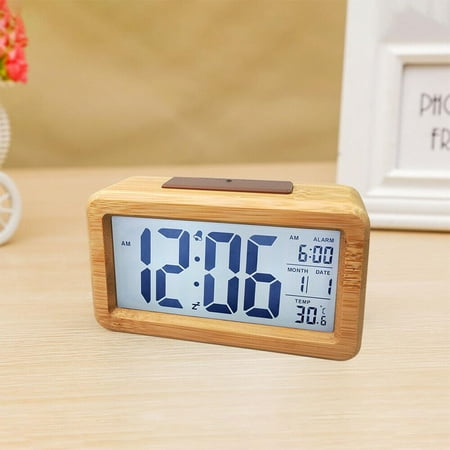 Digital alarm clock radio controlled alarm clock table clock solid wood waterproof alarm clock with thermometer, calendar and snooze function - bamboo