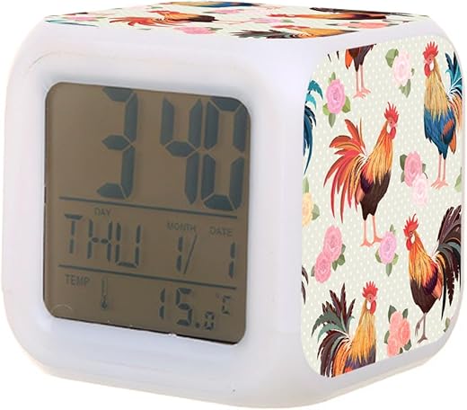 Digital Alarm Clock,Rooster Pattern 7 Color Change LED Digital Alarm Clock with Date Thermometer for Toddlers,Girls and Boys