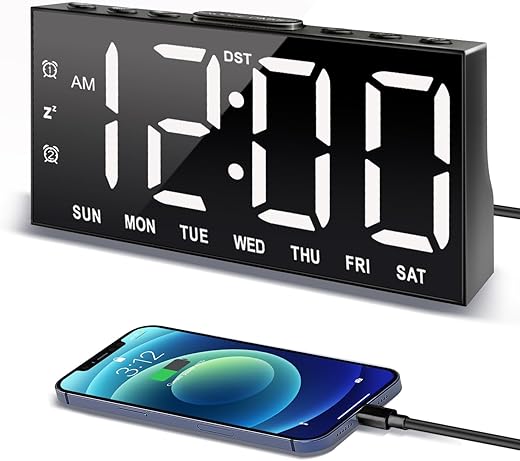 Digital Alarm Clock with Large Display Big Bold Numbers, Dimmer, 2 USB Charging Ports, Snooze, Small Table Desk Clock for Bedroom, Living Room, Clock for Heavy Sleepers