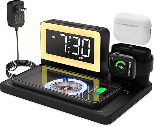 Digital Alarm Clock with Wireless Charging Dock Staion for Magsafe with 7 Color Light for Iphone for Apple for Iwatch for Airpod,5 in 1 Cell Phone Watch Bedside Charging Station for Multiple Devices