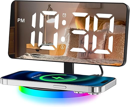 Digital Alarm Clock with Wireless Charging, Mirrored LED Clock for Bedroom Decor with 5 Brightness+OFF, USB Charger, Progressive Volume, Dimmable Light Alarm Clock for Home, Bedroom Office Decor…