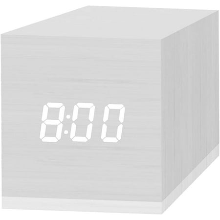 Digital Alarm Clock, with Wooden Electronic LED Time Display, 3 Alarm, 2.5-inch Cubic Small Mini Wood Made Electric Clocks for Bedroom, Bedside, Desk, White