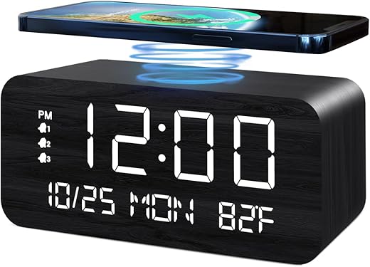 Digital Alarm Clock, with Wooden Electronic LED Time Display, 3 Alarm Settings, 10W Wireless charging, Day of the week, Temperature Detect, Wood Made Digital Clocks for Office, Bedroom, Bedside, Black