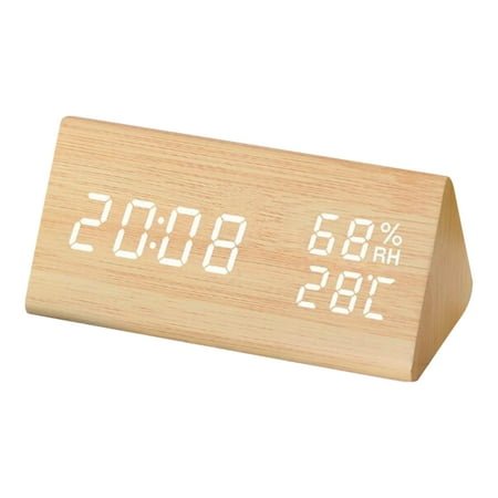 Digital Alarm Clock, with Wooden Electronic LED Time Display, Alarm Settings, Humidity & Temperature Detect, Wood Made Electric Clocks for Bedroom, Bedside,Bamboo wood，G169832