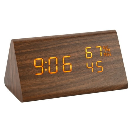 Digital Alarm Clock, with Wooden Electronic LED Time Display, Alarm Settings, Humidity & Temperature Detect, Wood Made Electric Clocks for Bedroom, Bedside,brown，G169865