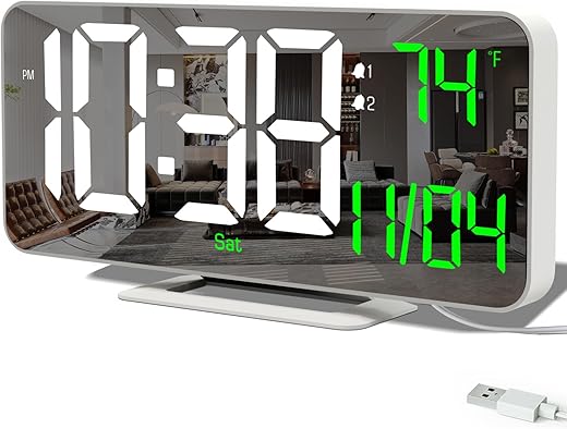 Digital Clock, 6.7 Small LED Clocks for Desk, Alarm Clock Display Indoor Temperature, Time/Date/Day of Week/Seconds, Dimmable for Bedroom, Living Room, Shelf, Table(White)