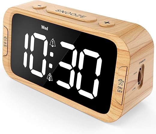 Digital Dual Alarm Clock for Bedroom, 0-100% Dimmer, Weekday/Weekend Mode, Easy to Set, USB Charger, Adjustable Alarm Volume with 5 Alarm Sounds, Snooze, 12/24Hr, Battery Backup (Wood Grain)