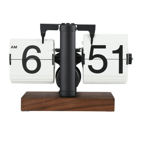 Digital Flip Clock 12h Single Sided Large Numbers Automatic Retro Mechanical Flip Clock Wood Base for Living Room Black Frame White Page