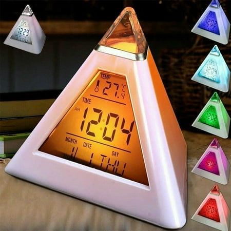 Digital LED Alarm Clock,Pyramid Shape Digital Led Alarm Clock,7 Colors Changing Night Light,Desk Clock with Temperature Time Date Display,Suitable for Bedroom Living Room