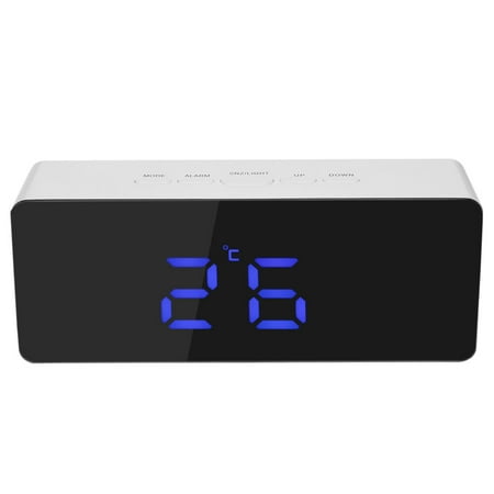 Digital LED Mirror Clock USB & Battery Operated 12H/24H °C/°F Display Alarm Clock with Snooze Function Adjustable LED Luminance--Blue