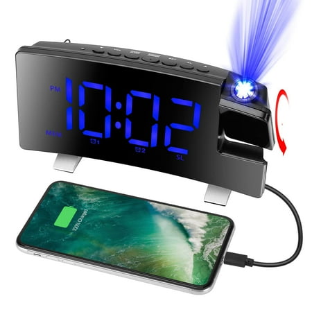 Digital Projection Alarm Clock for Bedrooms, Loud Alarm Clock for Heavy Sleepers, Adjustable Projection Brightness, Hearing Impaired & Deaf People, Digital Alarm Clock with USB Charging Port, Blue