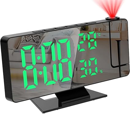 Digital Projection Alarm Clock with Temperature and Humidity Display, Green LED Display，The Projection That can be Turned.