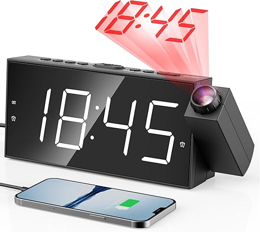 Digital Projector Alarm Clocks for Kids Bedroom,Plug-in LED Display Clock with 180° Projection on Ceiling Wall,Dual Alarms for Heavy Sleepers,Battery Backup,USB Charging Port,Easy-to-Set,Dimmer,Snooze