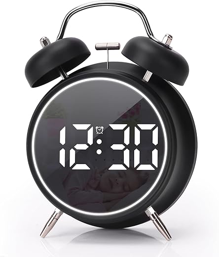 Digital Small Alarm Clock, 4.5 Inch Double Bell Electronic LED Alarm Clock, Plug in or Battery Operated Silent Metal Alarm Clock, Bedside Loud Alarm Clock for Heavy Sleepers Adults Kids (Black)