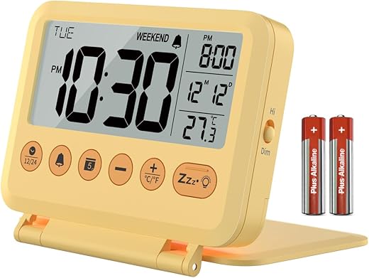 Digital Travel Alarm Clock - 3.54 inch LCD Display, 9-Minute Snooze, 2 Volume Levels, Backlight, Battery Included (Yellow)