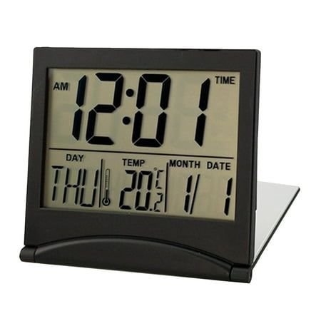 Digital Travel Alarm Clock - Foldable Calendar Temperature Timer LCD Clock - Large Number Display, Battery Operated - Compact Desk Clock for All Ages