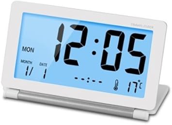 Digital Travel Alarm Clock Timer LCD Clock with Foldable Calendar Temperature Timer Snooze Mode, Battery Operated, Portable Large Number Display Clock 12/24 H Small Desk Clock (White)