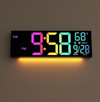 Digital Wall Clock Large Display, 16.2 Digital Wall Clock with RGB Color Changing Remote Control, Automatic Brightness Dimmer with Night Lights, Auto DST, Date Week,Temperature, Perfect for Gift