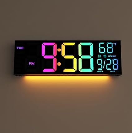 Digital Wall Clock Large Display, 16.2 Digital Wall Clock with RGB Color Changing Remote Control, Automatic Brightness Dimmer with Night Lights, Auto DST, Date Week,Temperature, Perfect for Gift