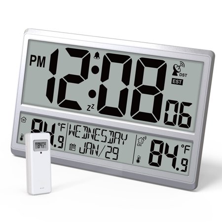 Digital Wall Clock with Indoor and Outdoor Temperature, Date, Time and Alarm Clock. Atomic Wall Clock with Wireless Outdoor Sensor, Large Display Screen Is Easy to Read