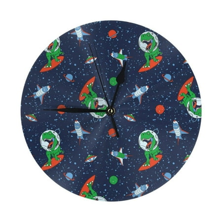 Dinosaur Astronaut Space -E Wall Clock Silent Non Ticking - 10 Inch Battery Operated Modern Clocks for Living Room Bedroom Kitchen Bathroom Office Classroom, Decorative Clocks