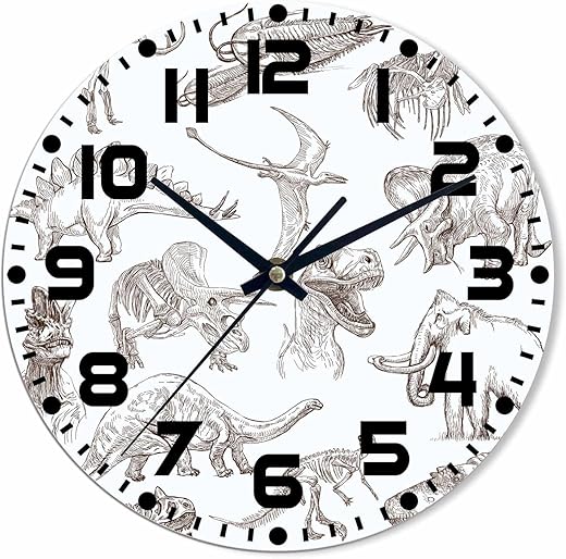 Dinosaurs Wall Clock Battery Operated Sketch Ancient Animals Wall Clock Silent Non Ticking Quality Quartz 10 Inch Round Easy Clock to Read for Home Office