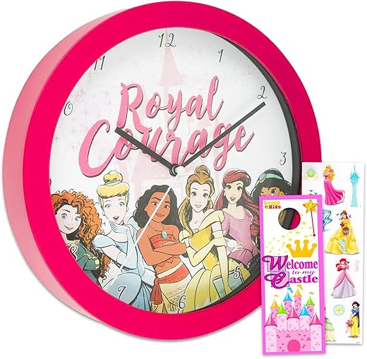 Disney Princess Wall Clock - Disney Room Decor Bundle with 10" Princess Wall Clock with Ariel, Rapunzel, and More Plus Stickers for Kids, Adults | Disney Princess Gifts