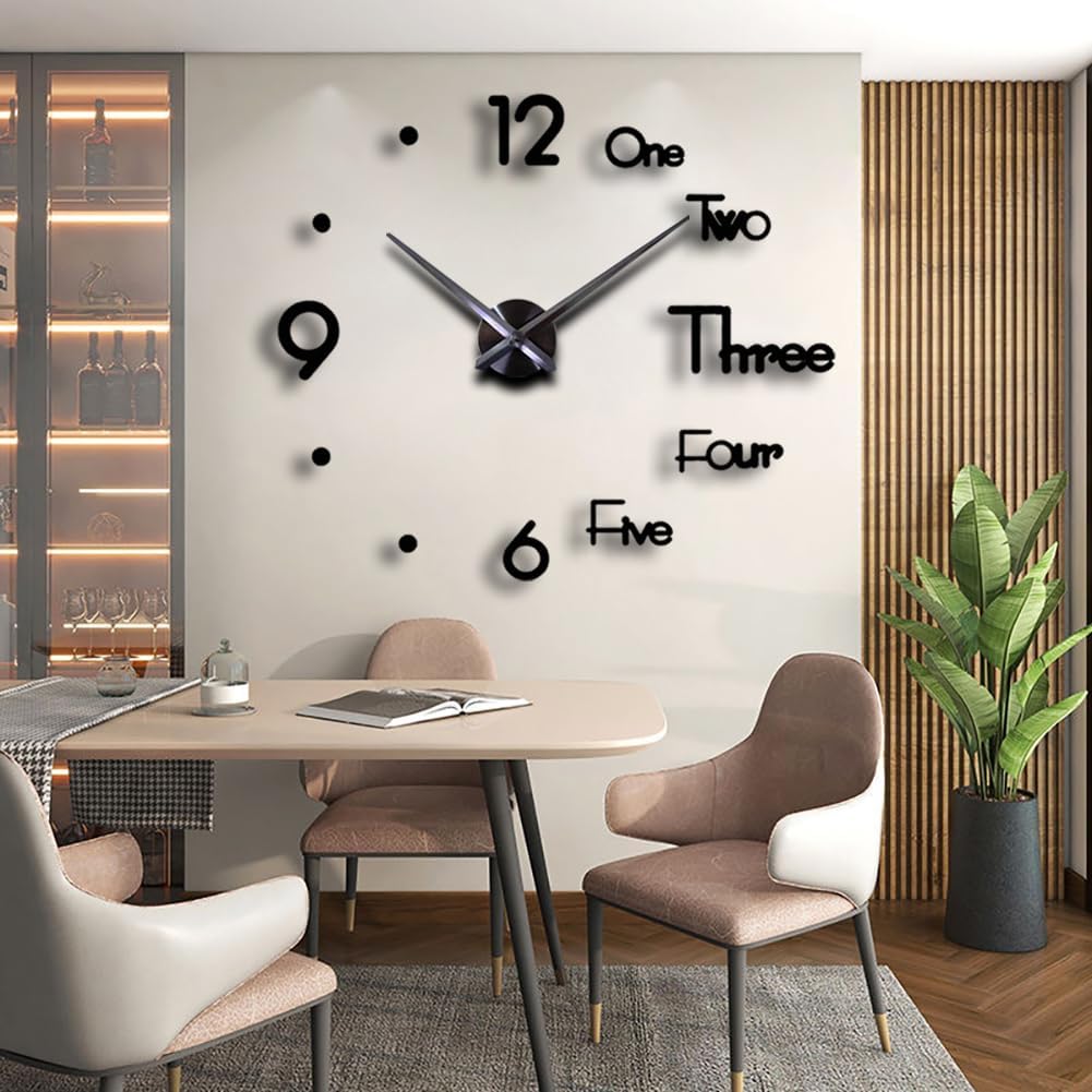 DIY 3D Wall Clock Large Frameless Watch Mirror Surface Wall Art Clock for Living Room Bedroom Office Hotel Wall Decoration (DIYL100-Black)