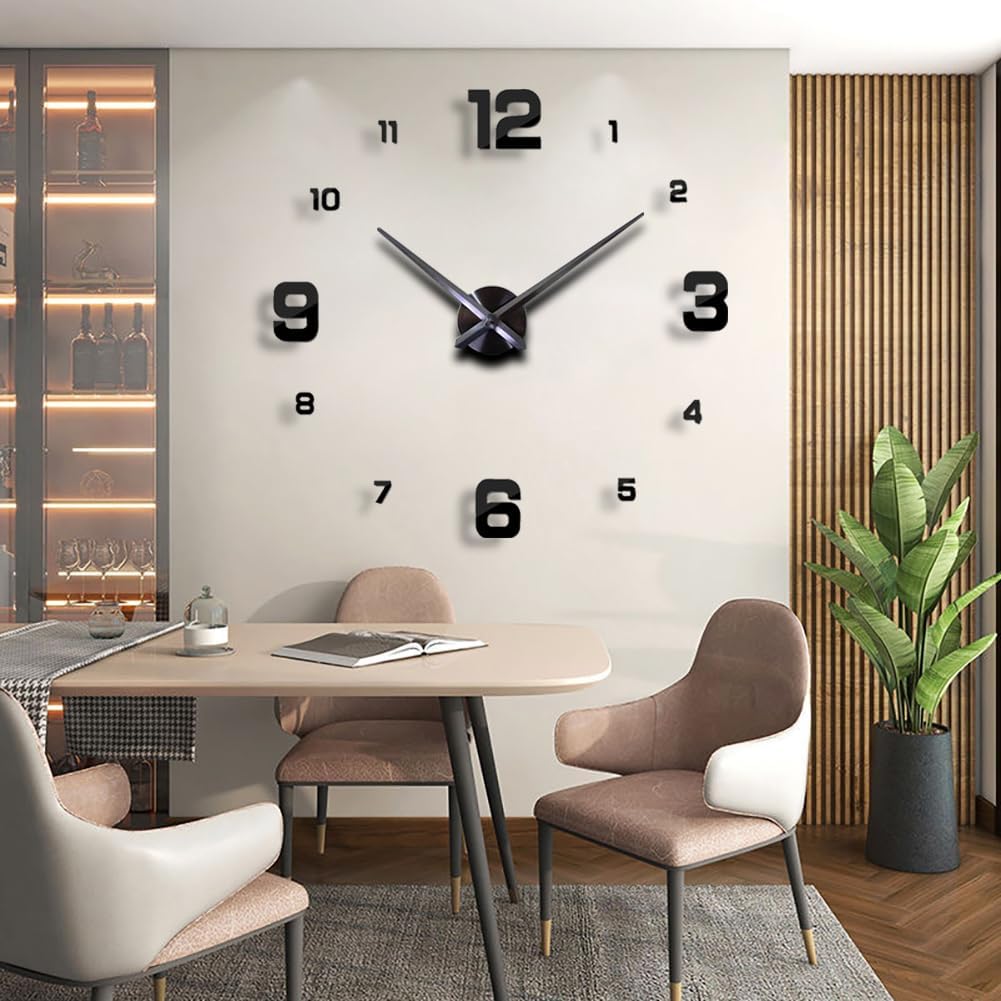 DIY 3D Wall Clock Large Frameless Watch Mirror Surface Wall Art Clock for Living Room Bedroom Office Hotel Wall Decoration (DIYL004-Black)