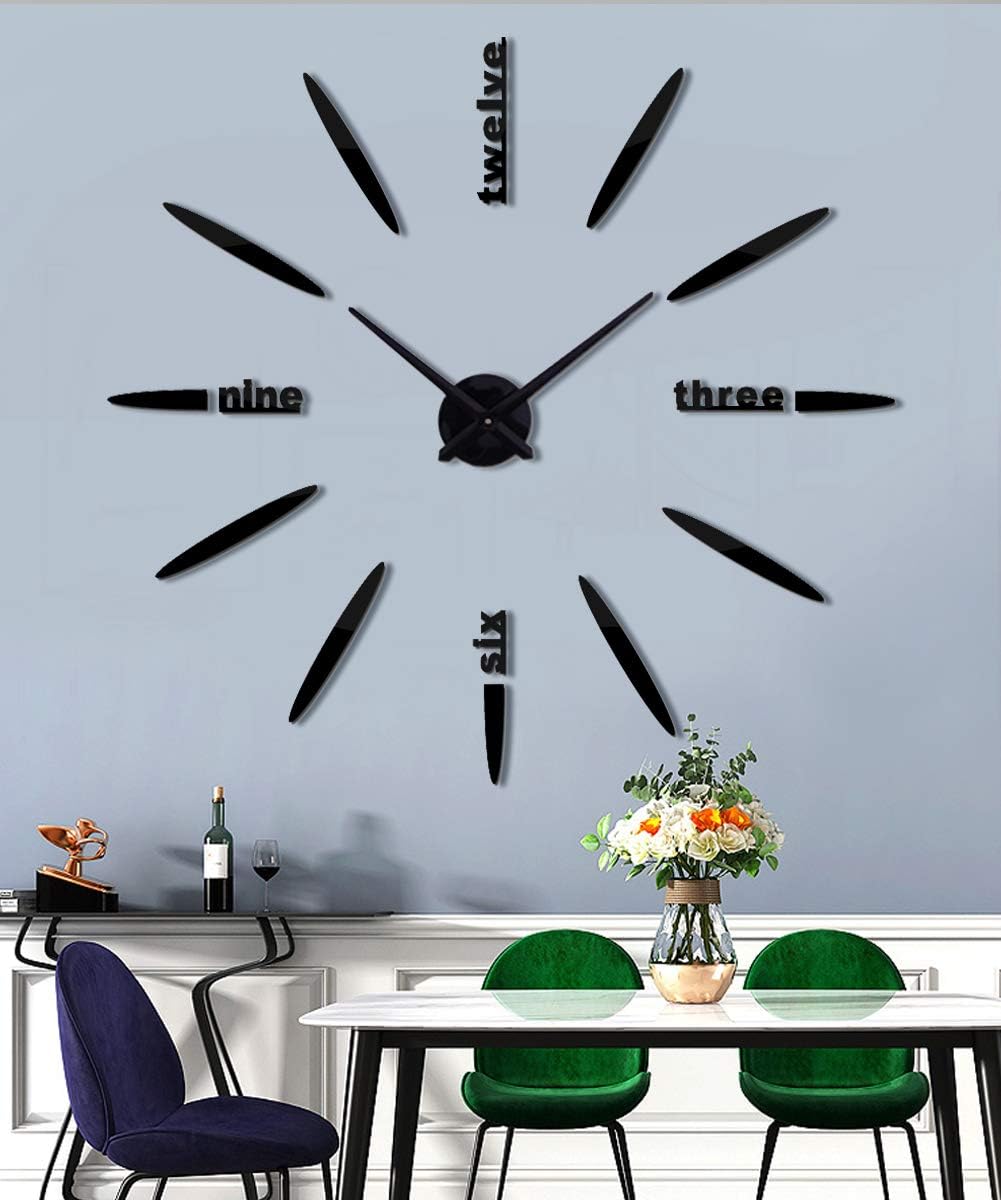 DIY Wall Clock, 3D Mirror Stickers Large Frameless Wall Clock Modern Design Watches Hours for Home Living Room Bedroom Office Decoration Gifts-Black 012