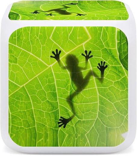 Donnapink Frog Shadow on Green Leaf 7 Color LED Change Digital Glowing Alarm Clock, LED Cube Night Light Clock, Wake Up Bedside Clock for Bedroom Home Office