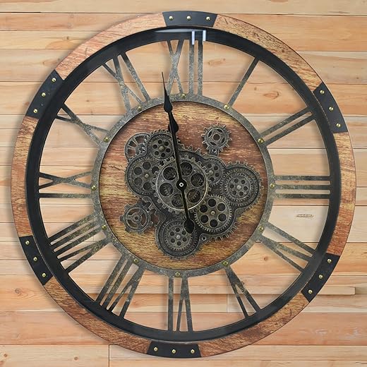 DORBOKER 24" Large Wall Clock with Moving Gears,Oversize Vintage Industrial Rustic Farmhouse Clocks for Living Room Decor Office Home,Solid Wood HD Tempered Glass Cover,Brown