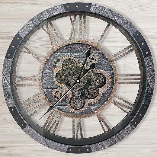 DORBOKER 24" Large Wall Clock with Moving Gears,Oversize Vintage Industrial Rustic Farmhouse Clocks for Living Room Decor Office Home,Solid Wood HD Tempered Glass Cover,Carbon Grey