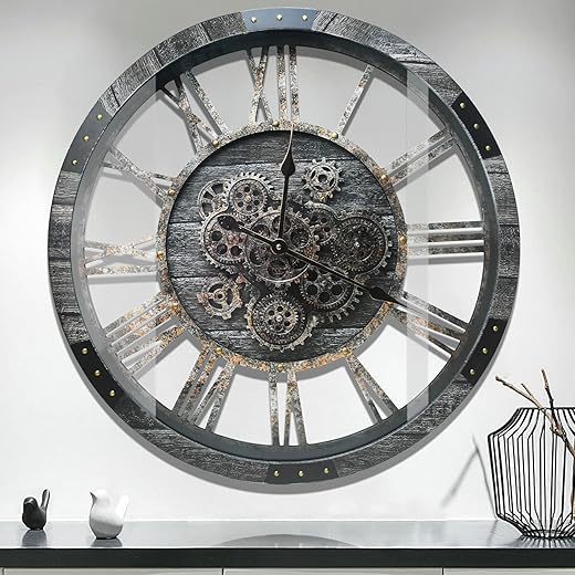 DORBOKER 27 Real Moving Gears Large Wall Clock with Toughened Glass Cover, Giant Wood Farmhouse Clock, Oversized Vintage Industrial Rustic Clock for Living Room Decor Home Kitchen (Carbon Grey)